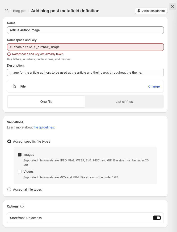 Article Author Image metafield settings