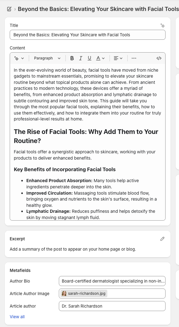 Metafields on article edit screen