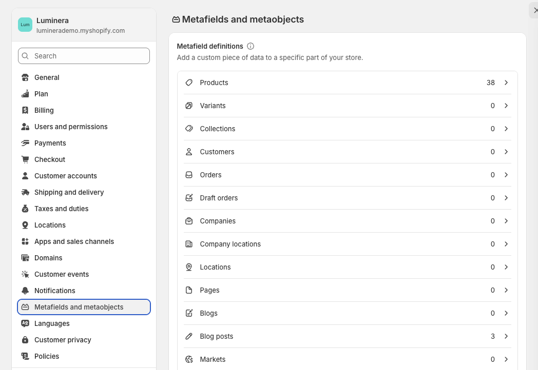 Product metafields list