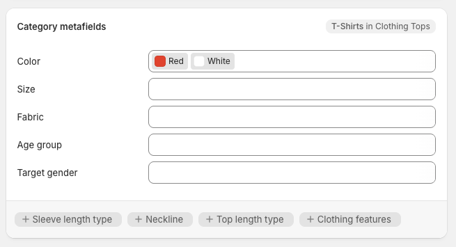 Category metafields panel showing Color entry