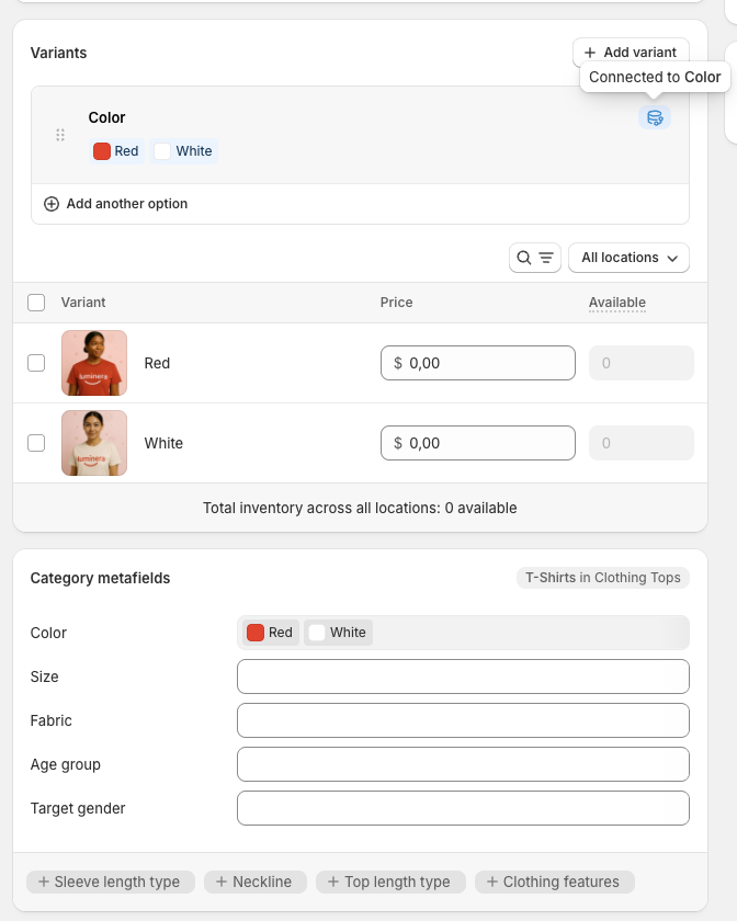 Metafield connected to variant color option