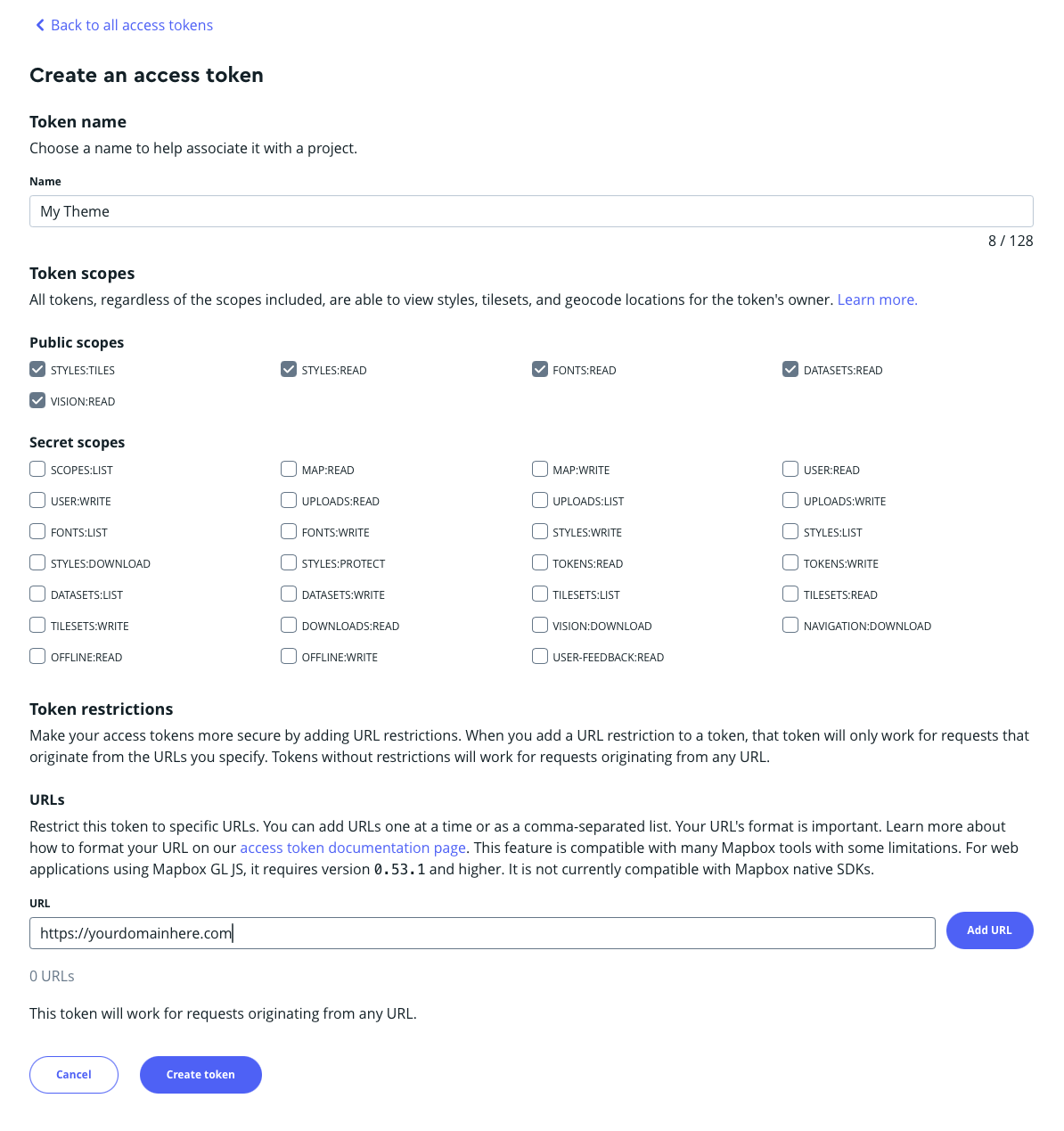 Mapbox access token form