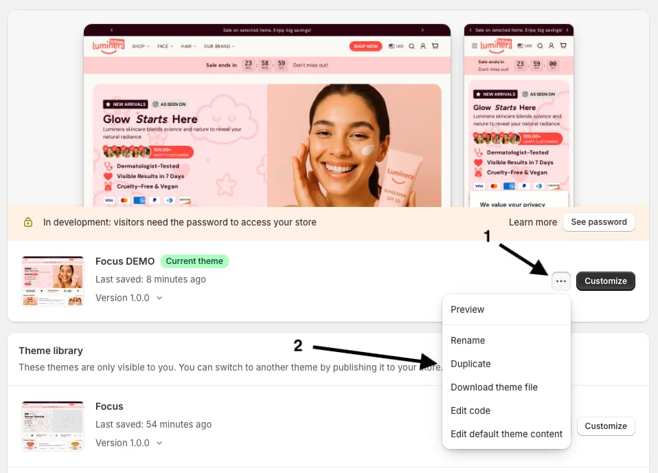 Duplicate theme button in Shopify admin